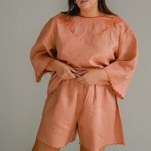 Sonderhaus The West Set Embroidered Floral Linen Short/shirt Set Size L